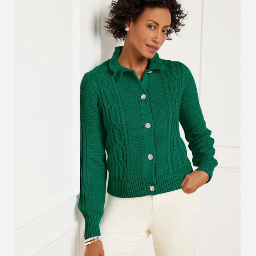 NWT Talbots: Ruffle Mockneck Cardigan - Highland Green, Size M